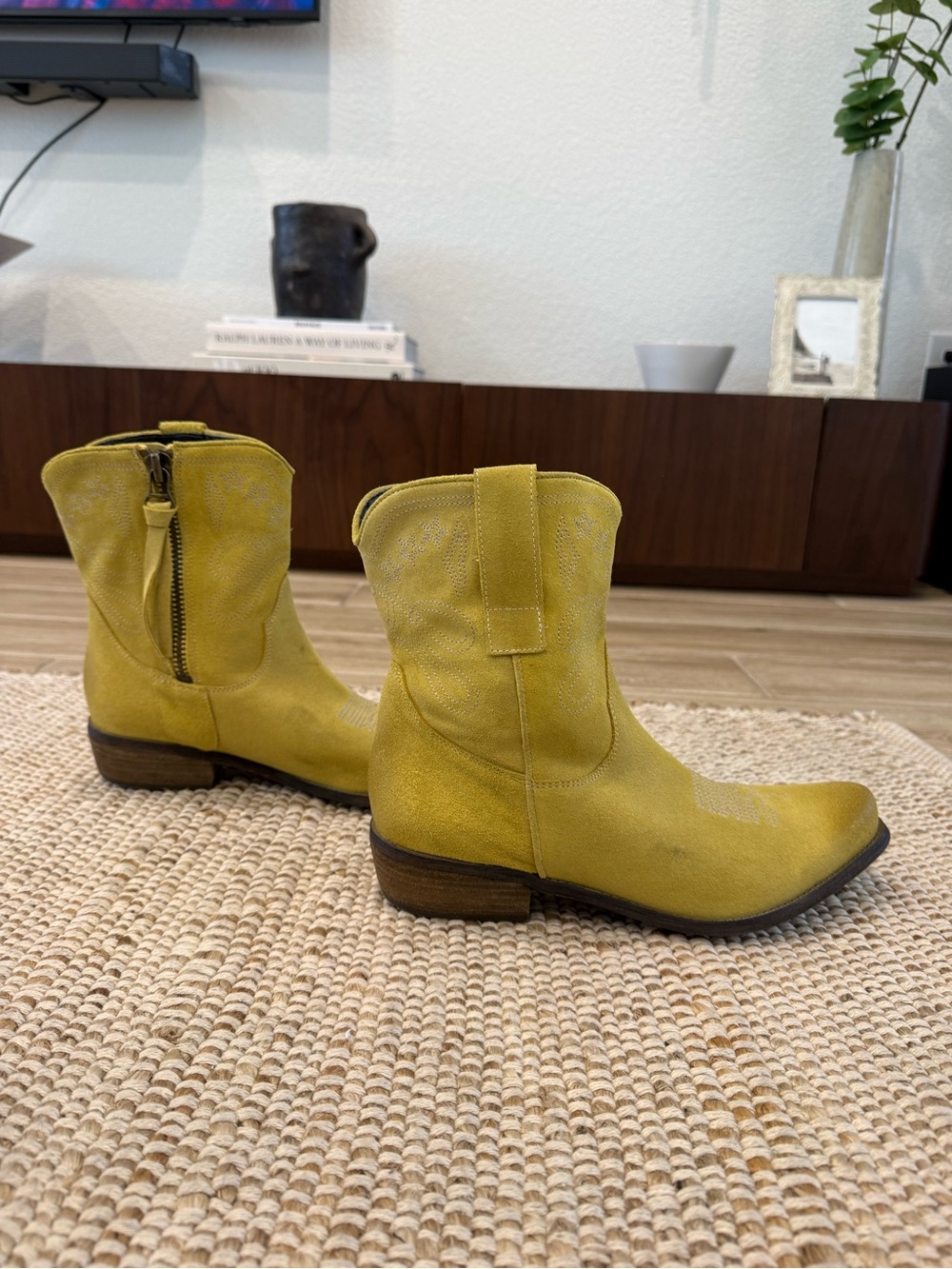 Yellow Leather Western Ankle Boots - Women's